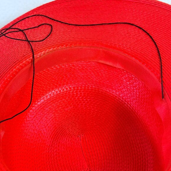 Vintage Wide Brimmed Derby Hat Red Flat Top Lace Bow Dramatic Silhouette - Picture 11 of 14